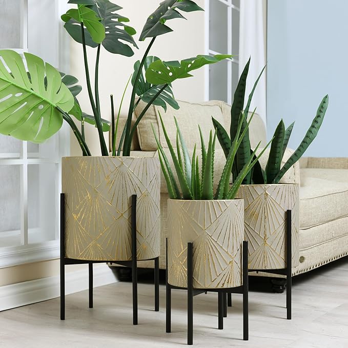 LuxenHome Planters for Indoor Plants, Set of 3 Floor Plants Pots with Stands, Modern Decorative Metal Flower Pots, Distressed Gray and Gold Cachepot Planters, 9.5", 11.87", 14" Inch