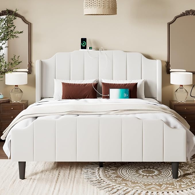 Allewie Vintage Queen Size Velvet Platform Bed Frame with Curved Vertical Tufted Wingback Headboard and Footboard, Charging Station, Easy Assembly, Under Bed Storage, No Box Spring Required, White
