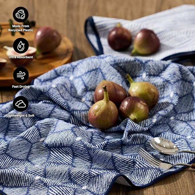 RECYCO Waffle Kitchen Towels Set of 2 Quick Dry Microfiber Sustainable Lightweight Hand Towels Indigo Harmony 16x28
