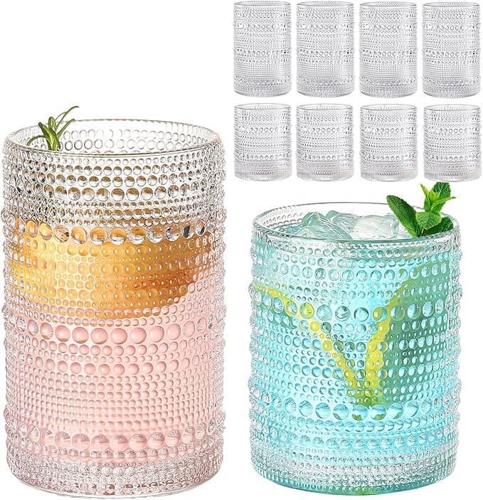 Vintage Hobnail Drinking Glasses Set of 8,Clear 12 oz & 15oz Highball Glass Cups, Kitchen Drinkware Glassware