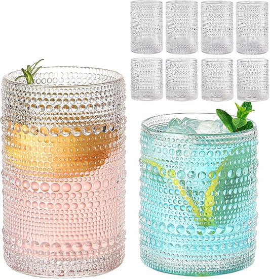 Vintage Hobnail Drinking Glasses Set of 8,Clear 12 oz & 15oz Highball Glass Cups, Kitchen Drinkware Glassware