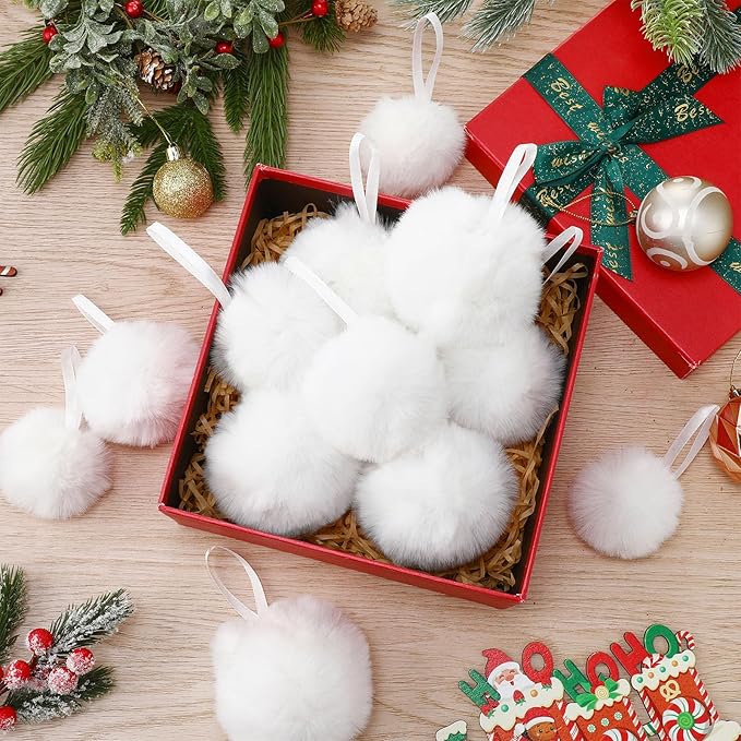 24 Pcs White Furry Christmas Ball Ornaments for Tree 2.36/3.15/3.94 Inches Pom Pom Ball Christmas Hanging Decoration for Party Supplies Fireplace Mantel Wall Decor