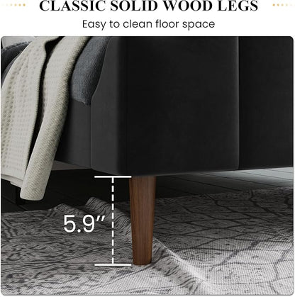 SHA CERLIN Upholstered Queen Size Bed Frame with Modern Curved Velvet Wingback Headboard, Heavy Duty Wood Platform Bed with Strong Wood Slat Support, No Box Spring Needed, Black