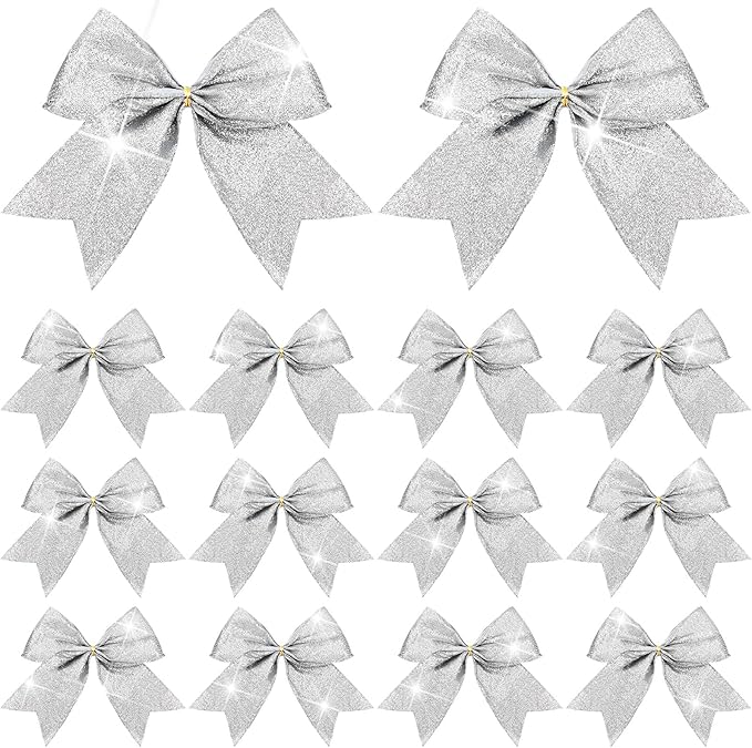Cindeer 24 Pcs Silver Christmas Bow Decorations 6 x 6 Inches, Glitter Holiday Ornaments Sequin Ties Bows for Xmas Tree, Wreath, DIY Crafts, Gift Wrapping, Party Decor