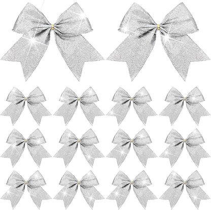 Cindeer 24 Pcs Silver Christmas Bow Decorations 6 x 6 Inches, Glitter Holiday Ornaments Sequin Ties Bows for Xmas Tree, Wreath, DIY Crafts, Gift Wrapping, Party Decor