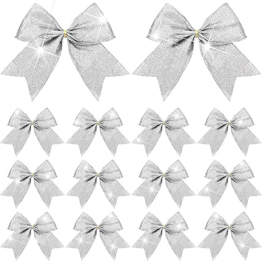 Cindeer 24 Pcs Silver Christmas Bow Decorations 6 x 6 Inches, Glitter Holiday Ornaments Sequin Ties Bows for Xmas Tree, Wreath, DIY Crafts, Gift Wrapping, Party Decor