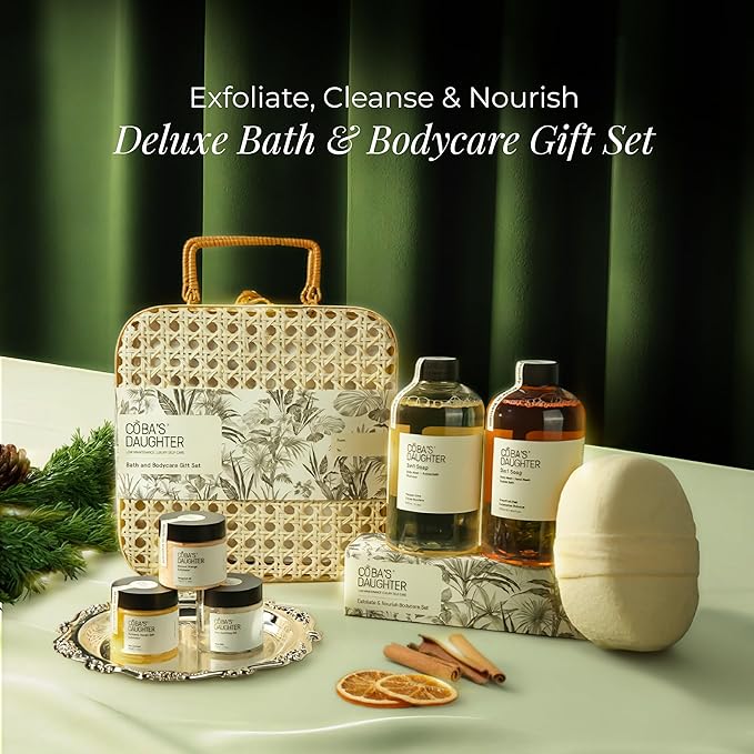COBA’S DAUGHTER Christmas Gift for Women - Bath & Body Care Gift Basket, 7-Piece Spa Inspired Set with Body Wash, Bubble Bath & Travel Minis - Perfect Birthday Gift, Self-Care Spa Set