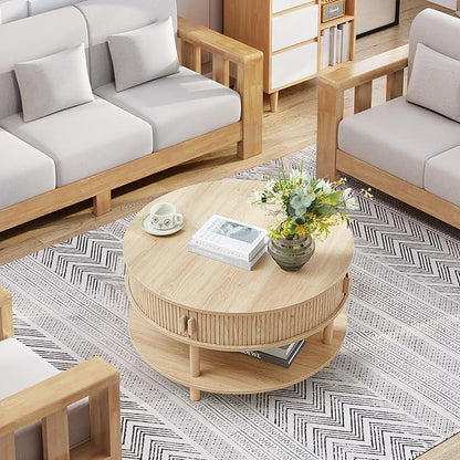 31.5” Round Coffee Table with Storage, Mid Century Modern 2 Tier Coffee Table with Tambour Sliding Door, Solid Wood Legs Fluted Center Table for Living Room Home Office Small Space, Natural