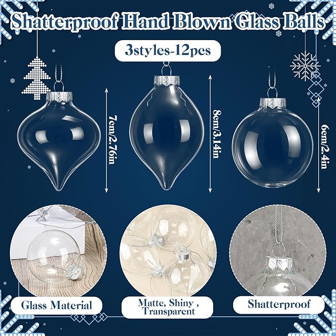 Zomiboo 12 Pcs Clear Glass Christmas Ball Ornaments Set 3.15" Hanging Shatterproof Glass Bulbs for Christmas Tree Baubles Bulk for Holiday Xmas Tree Decorations Gifts