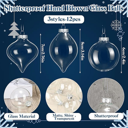 Zomiboo 12 Pcs Clear Glass Christmas Ball Ornaments Set 3.15" Hanging Shatterproof Glass Bulbs for Christmas Tree Baubles Bulk for Holiday Xmas Tree Decorations Gifts