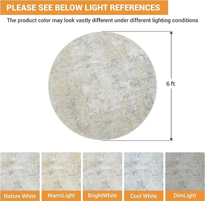 Round Rug 6ft Circle Rug Washable: Carpet Small Circular Area Rug for Entryway Kitchen Bedroom Dining Room Living Room 6 Feet Abstract College Dorm Non Slip Low Pile Beige Grey