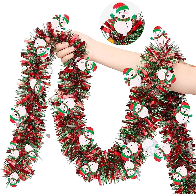50FT Red Green Christmas Tinsel Garland with Snowman Ornaments, Metallic Twist Shiny Xmas Garland for Tree Decorations Fireplace Mantel Home Office Stair Party Outdoor Indoor Holiday Decor