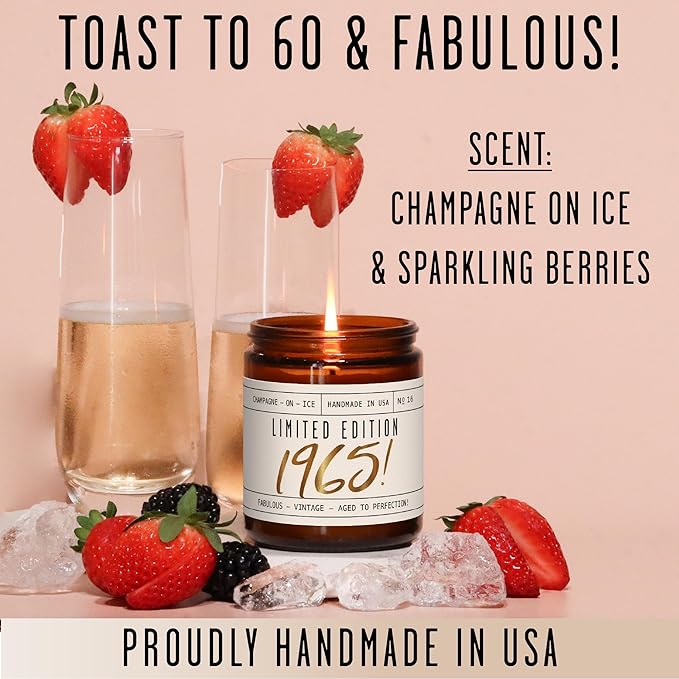 60th Birthday Gifts for Women Ideas - 'Limited Edition 1965' Soy Candle, w/Champagne on Ice I 1965 60 Birthday Gifts for Women Ideas I 9oz Reusable Jar, 50Hr Burn, Made in USA
