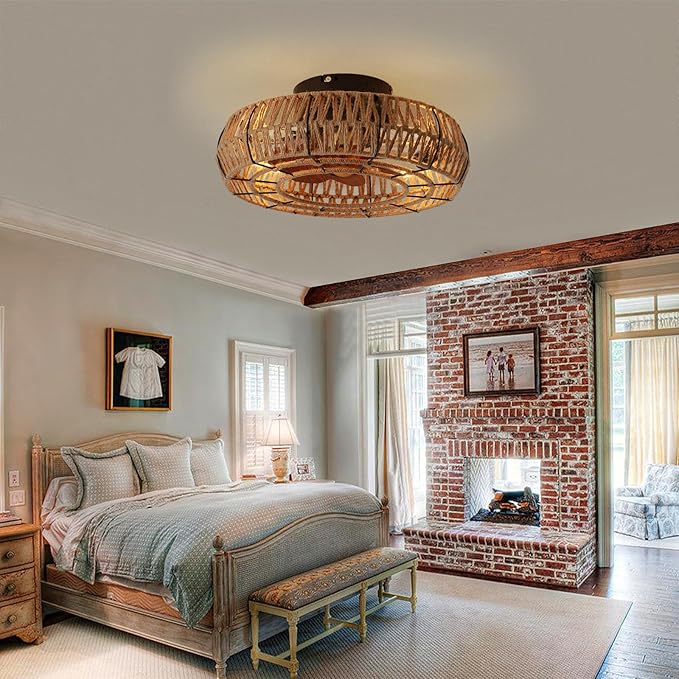 20" Caged Ceiling Fans with Lights and Remote, Boho Flush Mount Ceiling Fan with Light, Low Profile Chandelier 6 Speed Bladeless Reversible Ceiling Fan w/ 4 Bulbs. for Living Room Bedroom.
