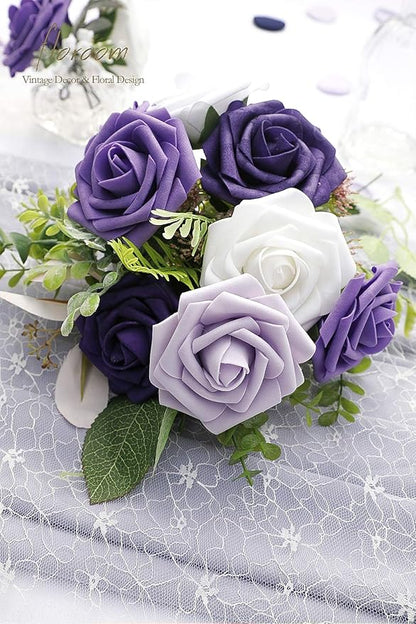 Floroom Artificial Flowers 25pcs Real Looking Violet Purple Ombre Colors Foam Fake Roses with Stems for DIY Wedding Bouquets Bridal Shower Centerpieces Party Tables Home Decorations