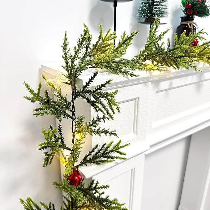 6 FT Artificial Christmas Pine Garland, Battery Operated 20 Warm Lights with Timer, Faux Greenery Spruce with Red Gold Ornaments and Stars, Holiday Decoration for Mantel Stair Doorway