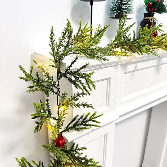 6 FT Artificial Christmas Pine Garland, Battery Operated 20 Warm Lights with Timer, Faux Greenery Spruce with Red Gold Ornaments and Stars, Holiday Decoration for Mantel Stair Doorway
