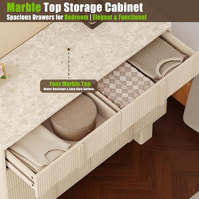 Fluted Dresser for Bedroom with 8 Drawers, 47" Wide Modern Chest of Drawers with Wooden Handle, Wooden Dresser TV Stand, Wood Closet Clothes Storage Organizer for Living Room, Hallway, Whitewashed oak