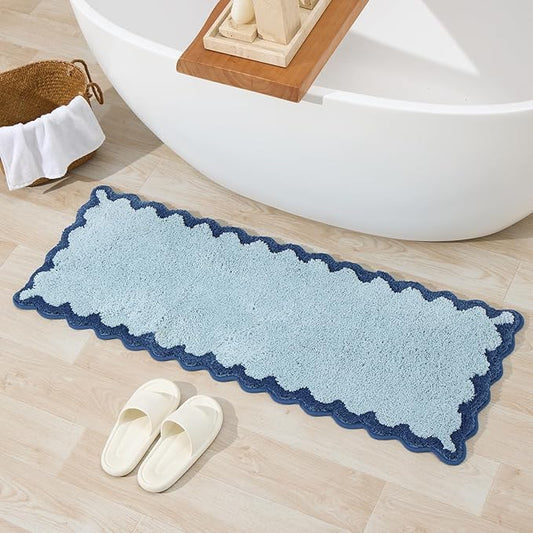 ORTIGIA Long Cute Scalloped Bathroom Rugs Runner, Fun Blue Plush Microfiber Scallop Bath Mats Non Slip Washable Quick Dry Absorbent, Rug for Bathtub Sink Laundry Room Bedroom, 17x47