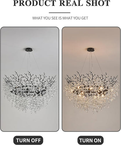 Modern Crystal Chandelier for Dining Room, 39.5" Black Tree Branch Chandeliers, 12-Light Luxury K9 Crystal Round Chandeliers for Kitchen Island Living Room