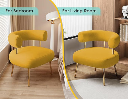 Modern Velvet Accent Chair, Round Upholstered Barrel Armchair for Small Spaces, Fluffy Side Corner Chair for Living Room, Bedroom(Yellow)