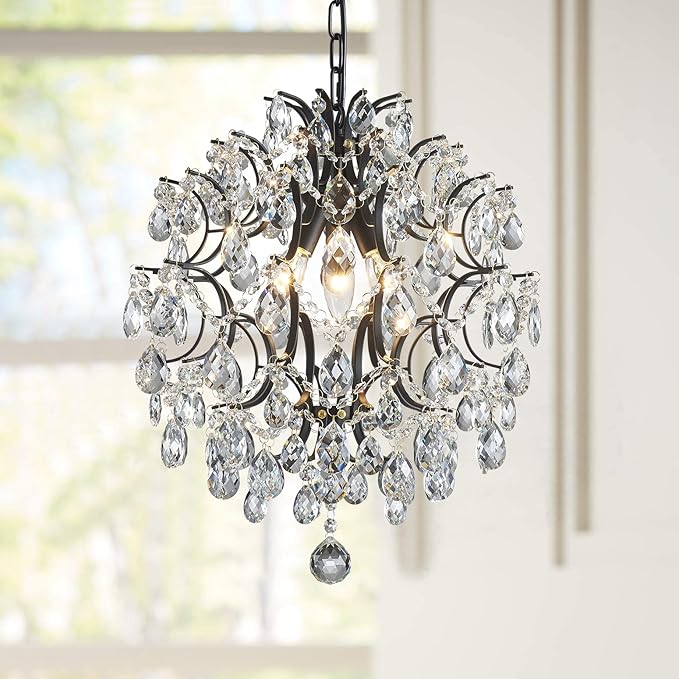 Bestier Modern Black Pendant Chandelier Crystal Raindrop Lighting Ceiling Light Fixture Lamp for Dining Room Bathroom Bedroom Livingroom entryway 3 E12 Bulbs Required D16 in x H18 in