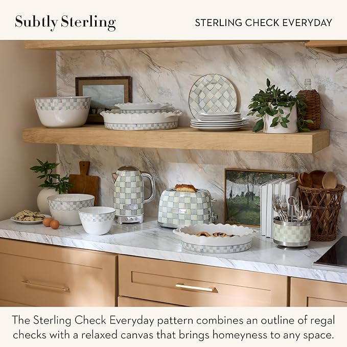 MACKENZIE-CHILDS Everyday Oval Casserole Baker, Cute Oven Baker, Small, Gray-and-White Sterling Check