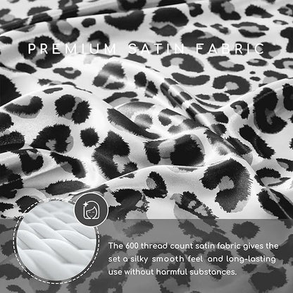 MR&HM Satin Sheets with Elastic Corner Straps, Queen Size Sheets Set, 4 Pcs Silky Bedding Set with 15 Inches Deep Pocket for Mattress (Queen, White Leopard)