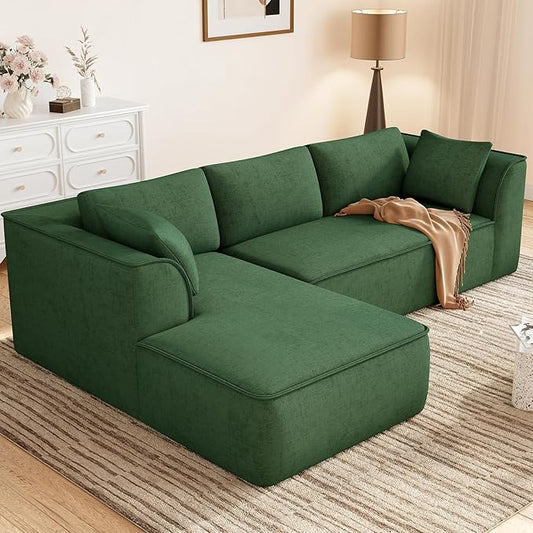 Vesgantti 106" Cloud Couch Sectional Modular Sofa, Deep Seat Comfy Cloud Couch Chenille Sofa Modular Couches for Living Room Bedroom, No Assembly Required (Green, Left-Facing Chaise)