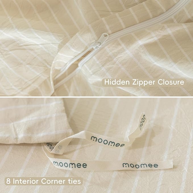 MooMee Striped Duvet Cover Set 100% Washed Cotton Linen Like Textured Breathable Durable Soft Comfy (Almond Milk Grey White Wide Stripes, Alaska King 132"x120")