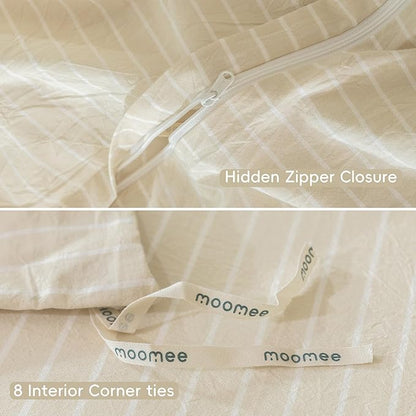MooMee Striped Duvet Cover Set 100% Washed Cotton Linen Like Textured Breathable Durable Soft Comfy (Almond Milk Grey White Wide Stripes, Oversized Queen 98"x98")