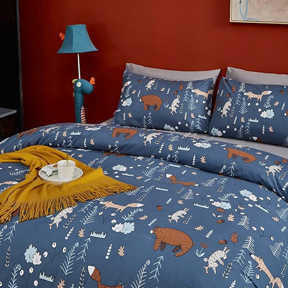 CLOTHKNOW Kids Comforter Sets Twin/Twin XL Blue Animal Woodland Bedding Comforter Sets Cartoon Forest Fox Rabbit Comforter with 2 x Pillow Cases