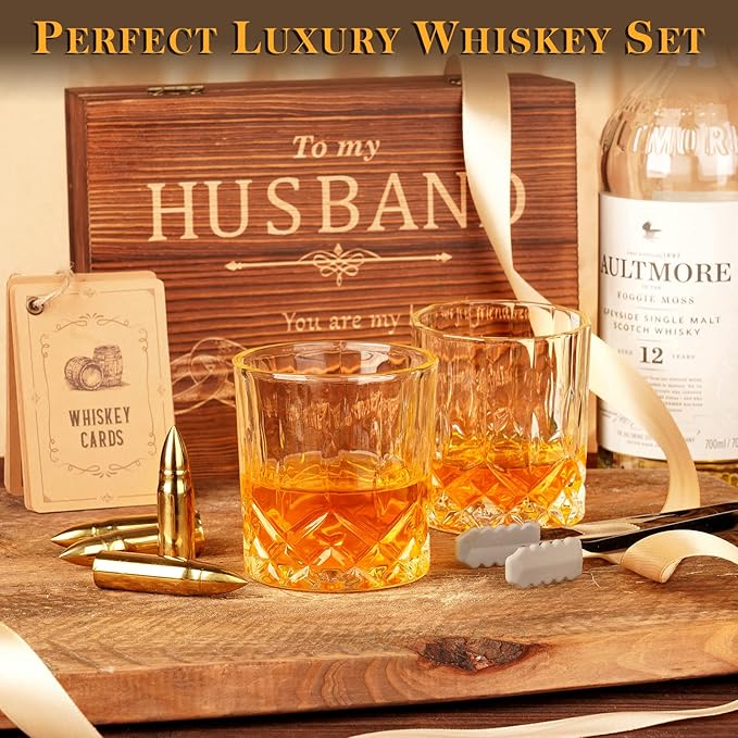 Oaksea for Him - Stainless Steel Engraved Whiskey Stones Glasses Set, Birthday Gift for Dad, Husband, Boyfriend, Fiance - Cool Bourbon Scotch Set