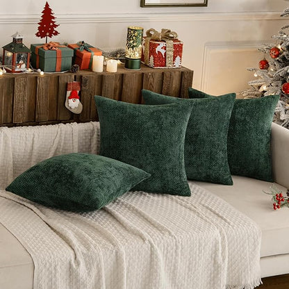 MIULEE Christmas Green Pack of 4  Throw Pillow Covers 18x18 Inch Soft Decorative Chenille Pillow Covers Farmhouse Accent Cushion Covers for Boho Home Decor Bedroom Living Room