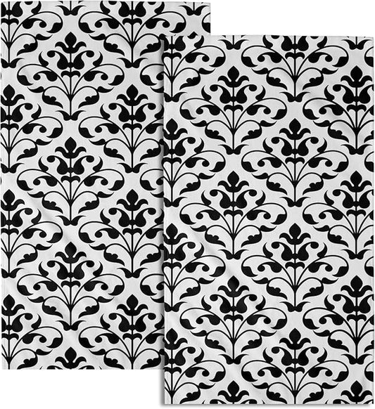 Black White Kitchen Towels Set of 2 Abstract Floral Paisley Design Dish Towels Black Flower