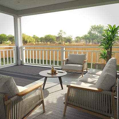 Acanva Modern All-Weather Aluminum Outdoor Sofa with Thick Cushions, Olefin Fabric Sunroom Backyard Furniture, Light Khaki