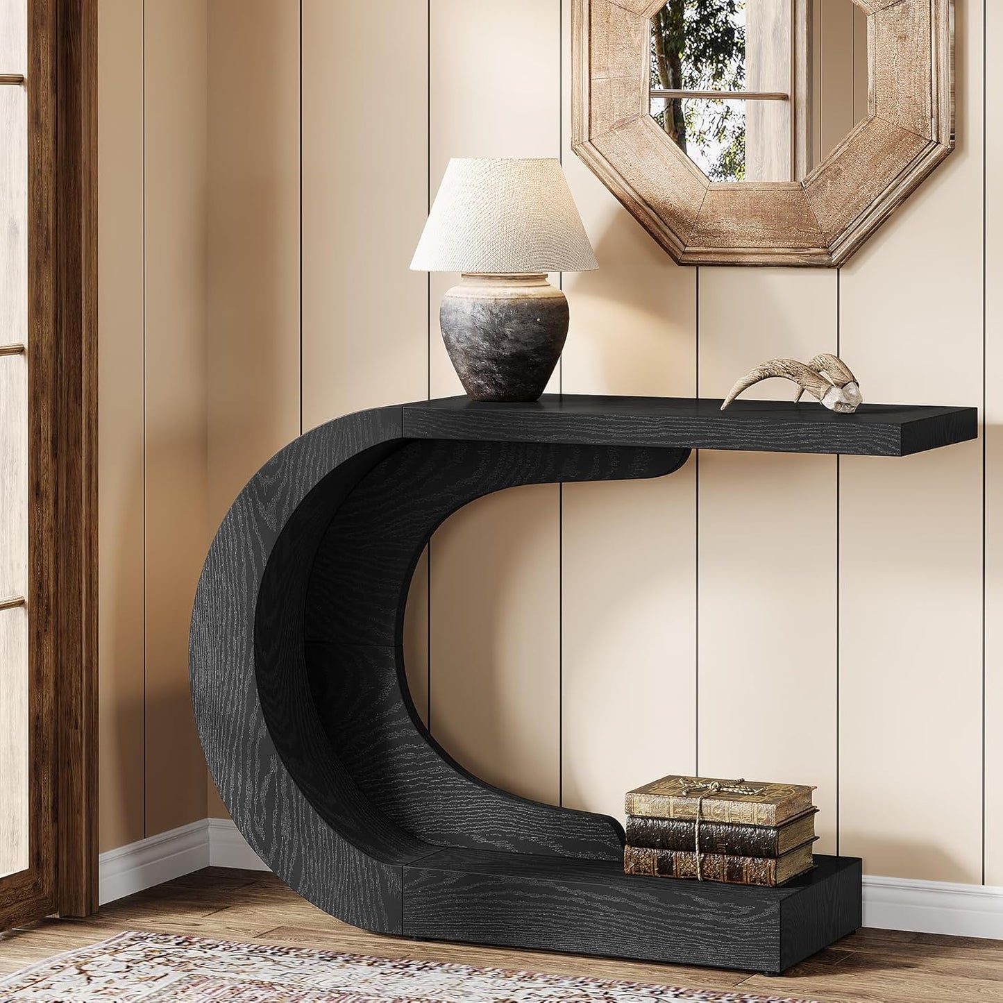 Tribesigns 43.3" Farmhouse Console Table for Entryway, Unique C-Shaped Rustic Sofa Table Behind Couch with Storage for Living Room, Hallway, Entry, Entrance, Foyer, Easy Assembly, Black