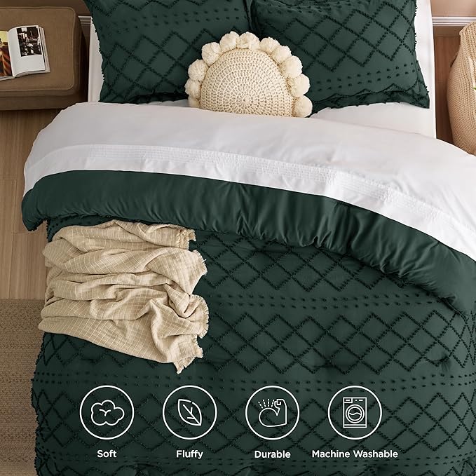 Bedsure Twin Comforter Set - Forest Green Comforter, Boho Tufted Shabby Chic Bedding for Kids, 2 Pieces Vintage Farmhouse Bed Set for All Seasons, Fluffy Soft Bedding with 1 Pillow Sham