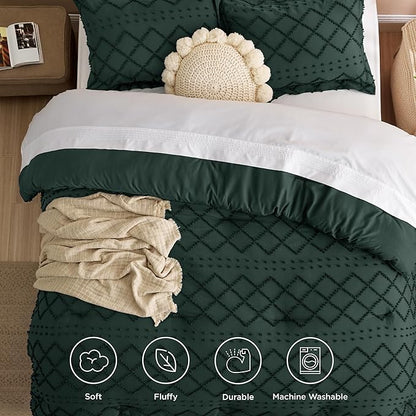 Bedsure Twin Comforter Set - Forest Green Comforter, Boho Tufted Shabby Chic Bedding for Kids, 2 Pieces Vintage Farmhouse Bed Set for All Seasons, Fluffy Soft Bedding with 1 Pillow Sham