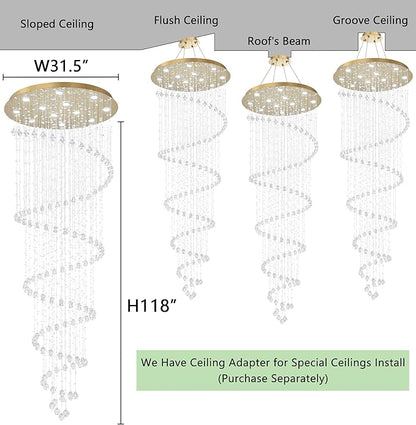 118 Inches Crystal Glam Chandelier Long Light Chandeliers with Dimmable Light Bulbs Gold High Ceiling Pendants Light Fixtures for Foyer Entryway Living Room Stair