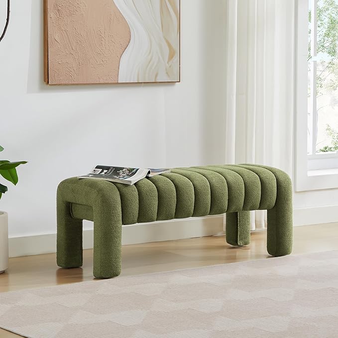 43’’ End of Bed Bench, Modern Boucle Entryway Bench, Upholstered Ottoman Stool with Full Coverage Fabrics, Ottoman for Bedroom, Living Room, Dining Room, Green