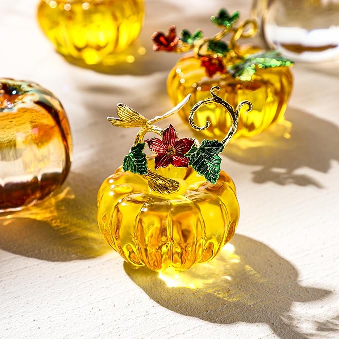 HDCRYSTALGIFTS 2.5inch Glass Pumpkin Figurines Collectibles Table Accent for Fall & Harvest, Hand Blown Glass Pumpkin Art Decorations for Home Thanksgiving