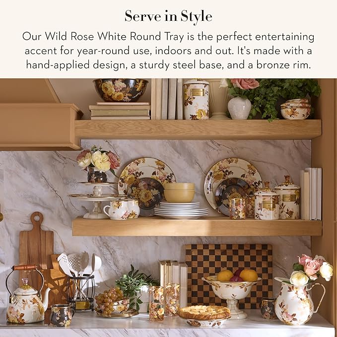 MACKENZIE-CHILDS Enamel Round Tray Unique Serving Platter for Food and Drinks, Wild Rose White