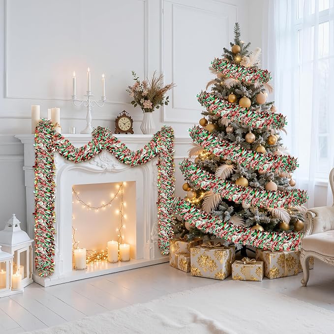 50FT Christmas Tinsel Garland, Red Green&White Metallic Twist Shiny Hanging Garland Ornaments for Christmas Tree, Party Supplies Thick Metallic Xmas Streamers