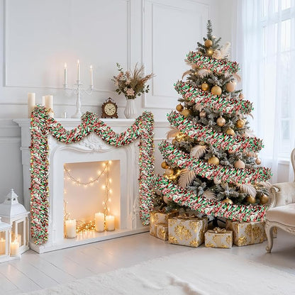 50FT Christmas Tinsel Garland, Red Green&White Metallic Twist Shiny Hanging Garland Ornaments for Christmas Tree, Party Supplies Thick Metallic Xmas Streamers