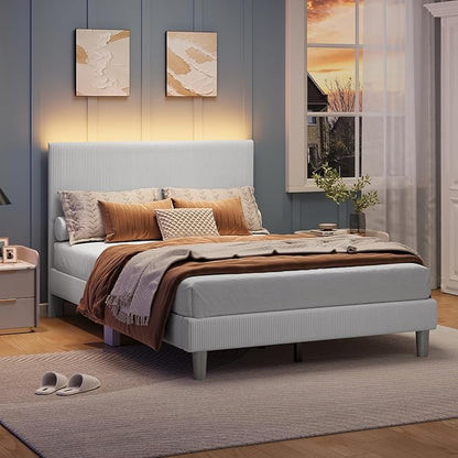 Bestier Full Bed Frame with Adjustable Headboard, LED Lighting, Vertical Channel Tufted Corduroy Upholstered, Solid Wooden Slats Support, No Box Spring Needed, Never Squeak, Easy Assembly, Light Grey