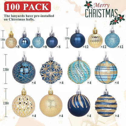 100ct Christmas Ball Ornaments Set, Blue and Gold Shatterproof Hand-Painted Hanging Baubles Decoration Bulk for Xmas Tree, Wreath, Garland, Home Holiday Decor