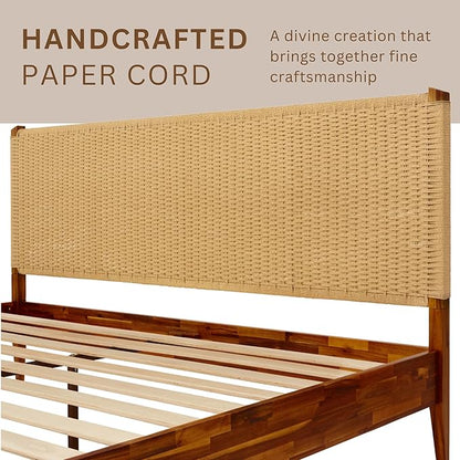 Bme Selina King Bed Frame and Headboard - Handcrafted Paper Cord Headboard, 12-Slat Support, No Box Spring Needed - Easy Assembly, Dark Chocolate