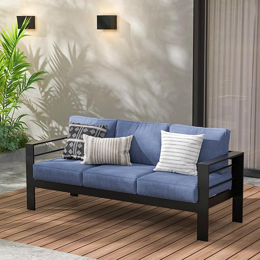 Wisteria Lane Patio Furniture Aluminum Outdoor Chair, All-Weather Outdoor 3 Seats Chair, Black Metal Chair with Blue Cushions