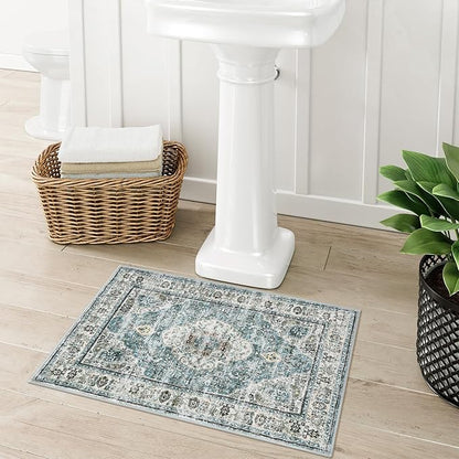 Uphome Blue Bathroom Rugs, Distressed Farmhouse Boho Bath Mat, Comfy Velvet Small Bath Rugs Non Slip Washable, Vintage Oriental Toilet Rug for Sink Shower Vanity, 18x26 inch
